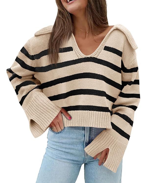 Saodimallsu Womens Striped Sweater V Neck Collared Fall Trendy Knitted Long Sleeve Loose Pullover... | Amazon (US)