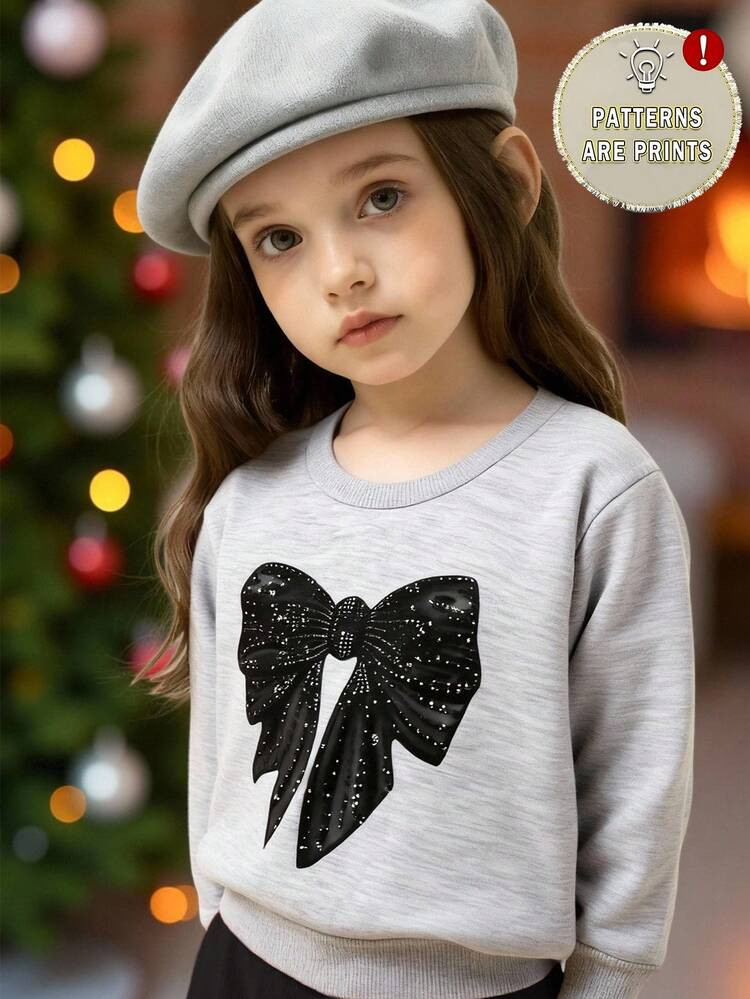 SHEIN Playful Pals Baby Girl Casual Chic Bowknot & Faux Sequins Print Round Neck Long Sleeve Fleece Sweatshirt, Suitable For Outings In Autumn/Winter | SHEIN