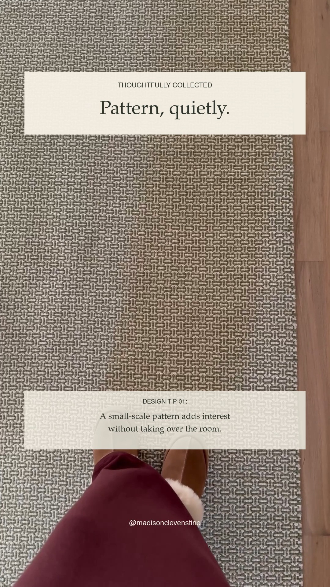 Pattern, quietly. A small-scale pattern adds interest without taking over the room. This olive rug is a lovely way to bring a little color and texture into a collected home.