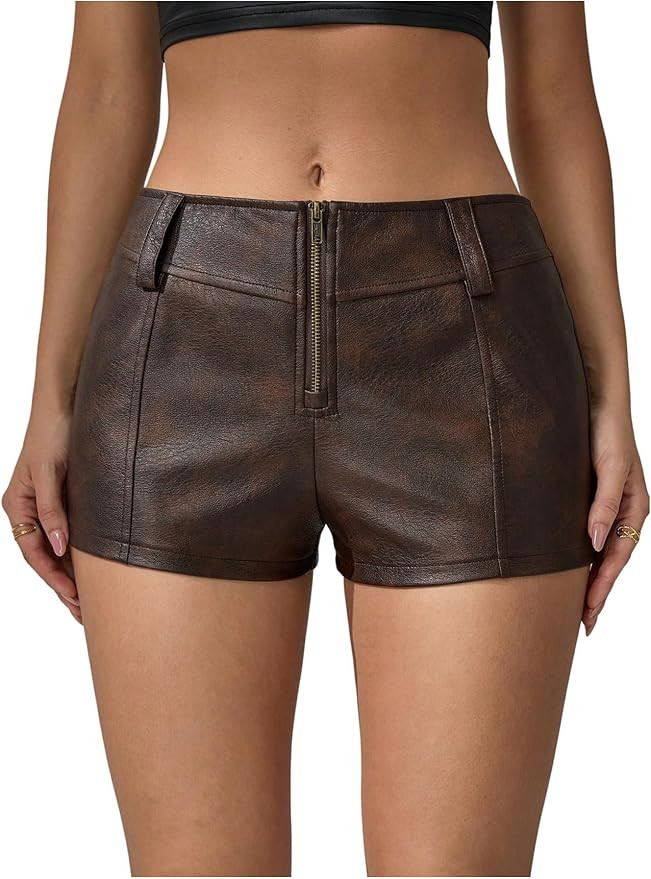 Floerns Women's Y2k Mini Shorts Zip Up Low Waist PU Leather Music Festival Hot Pants | Amazon (US)