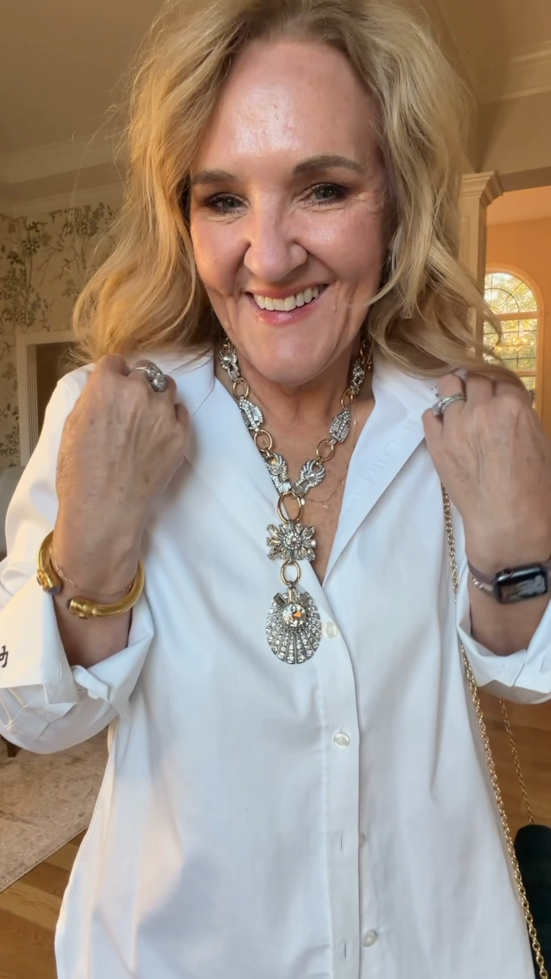 @chicos holiday 
No iron blouse size 1.0
Pants size 1,0 petite 
And come on. This necklace. Wow. 
Size up in the Merlot slingbacks. I love these!


#LTKOver40 #LTKSaleAlert #LTKPetite