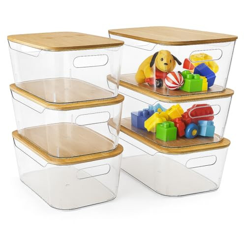 CiWiVOKi 6 Pack Clear Storage Bins with Bamboo Lids, Stackable Organization and Storage Containers with Handle for Pantry, Cabinet, Closet, Fridge, Bathroom, Organizer Bins for Home & Kitchen | Amazon (US)