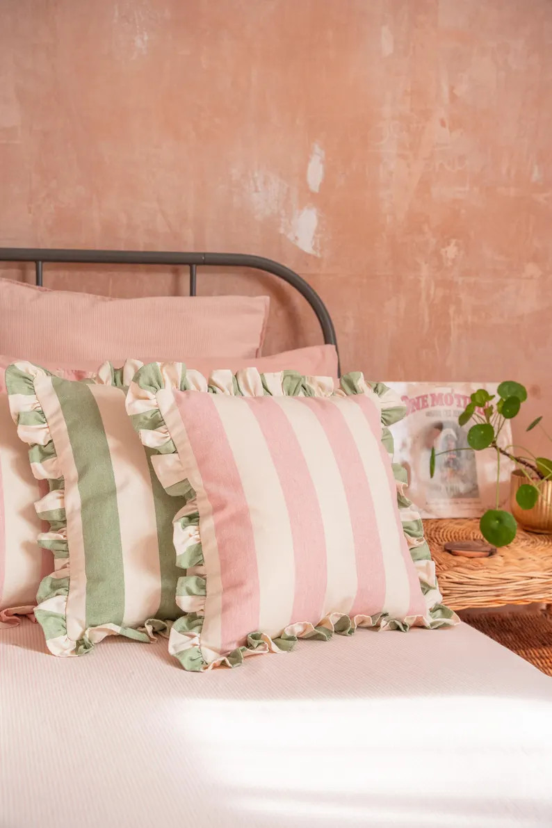 Beautiful Handmade Ruffled Cushion Cover in Designer Ian Mankin Devon Wide Stripe Cotton Fabric ... | Etsy (US)