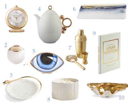 Have someone on your list who already has it all? Then get them something beautiful for the home. Here are some gorgeous options at every price point!

1. Chopard Alarm Clock, $2,670
2. Curve Ball Match Striker, $17.97
3. Cala Lily Marble Dish, $130
4. Geometric Teapot, $250
5. Lito-Eye Paperweight, $365
6. Marble Serving Tray, $29
7. Gold Cocktail Shaker, $86
8. Textured Petal Candle, $70.99
9. Little Books of Fashion, $109
10. Clam Bowl, $113 

#giftsforher #giftsforwife #holidaygiftguide #giftsformom #girlfirendgifts #sistergifts #fashiongifts #giftguide #giftguides #holidaygifts #stylishgifts #giftsforhim #homedecor #homedecorgiftguide #homedecor #stylishhomegifts 

#LTKGiftGuide #LTKHoliday