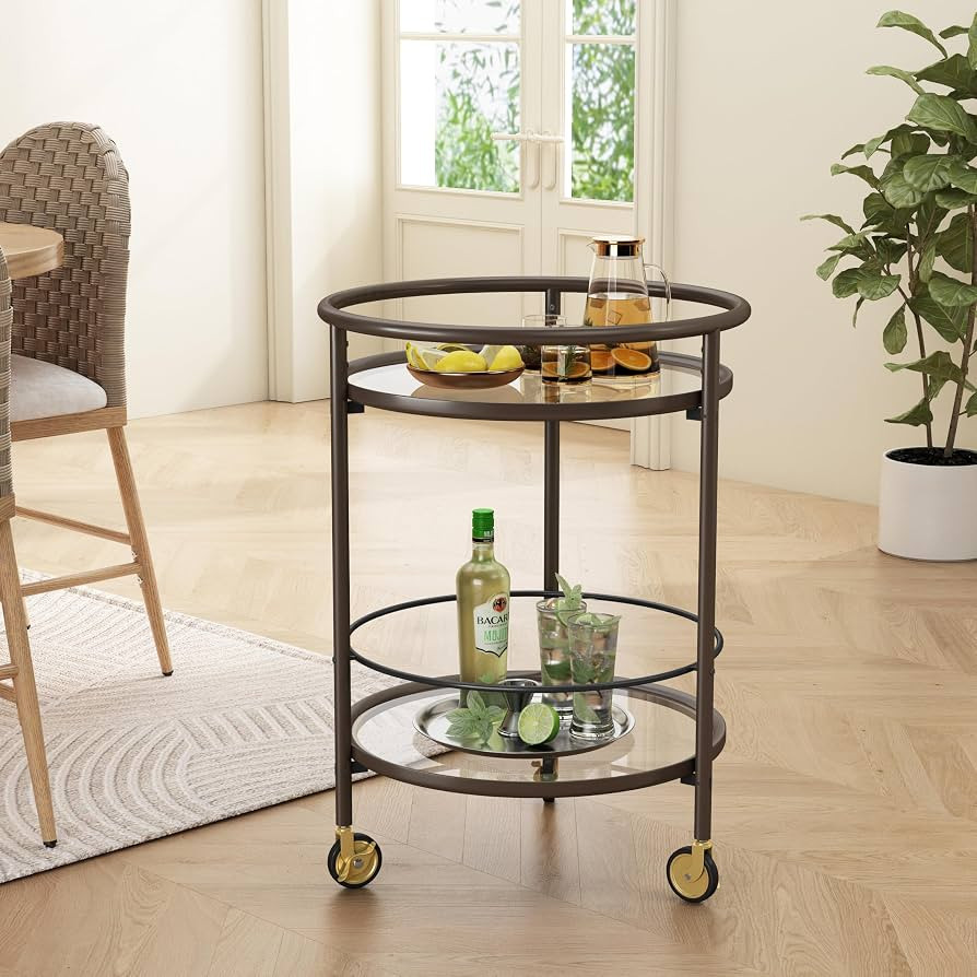 Christopher Knight Home Keria Bar Cart with Wheels, Round Serving Cart with Dual Tempered Glass S... | Amazon (US)