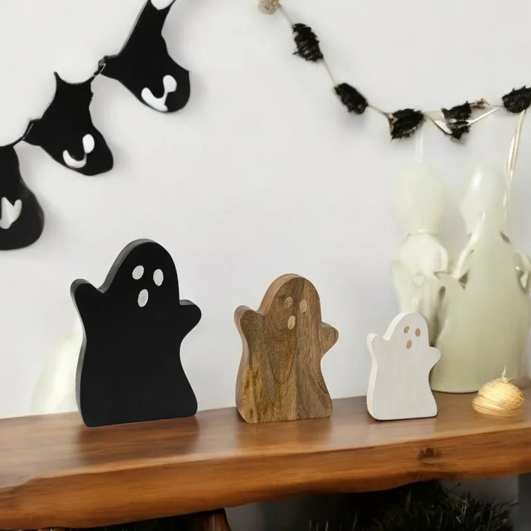 Wood Ghost Centerpiece Decoration Set, Black/Natural/White, 3 Pieces, Fall by Way To Celebrate | Walmart (US)