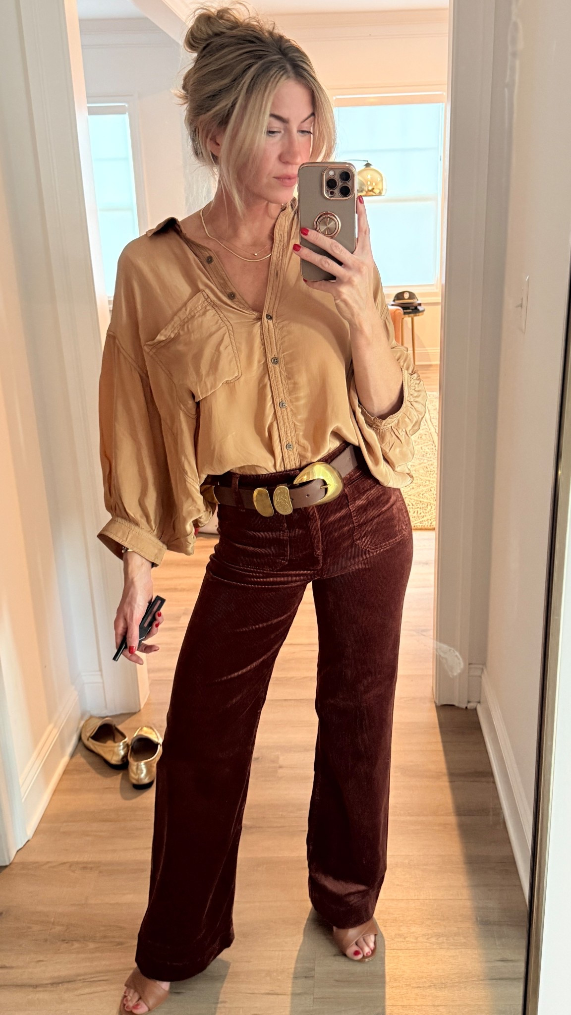 Camel blouse: runs oversized wearing size S
Rust corduroy pants: runs TTS, wearing a 25 
#anthropartner @anthropologie 

#LTKStyleTip #LTKSeasonal #LTKWorkwear