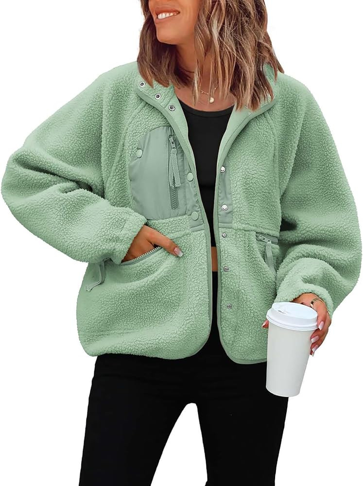 ReachMe Womens Sherpa Jacket Casual Lapel Button Down Cropped Fuzzy Fleece Jackets Long Sleeve Wi... | Amazon (US)