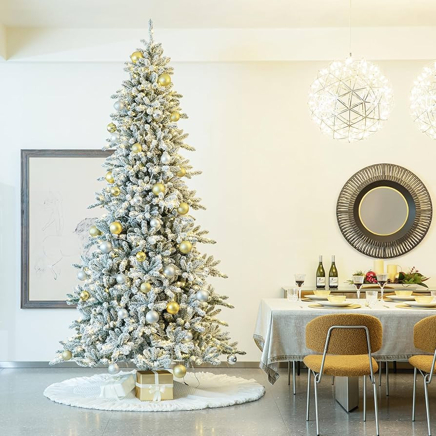 Glitzhome 10ft Pre-Lit Flocked Fir Christmas Tree, Hinged Artificial Christmas Tree with 750 Warm... | Amazon (US)