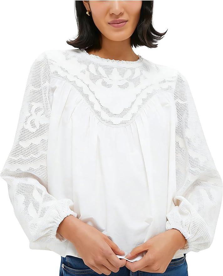 Amazon.com: Meyhad Women's Long Sleeve Lace Blouses Crew Neck Embroidered Mesh Lace Shirt Flowy P... | Amazon (US)