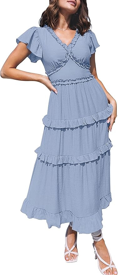 MEROKEETY Womens Summer Casual V Neck Flutter Sleeve High Waist Ruffle Tiered Midi Dress | Amazon (US)