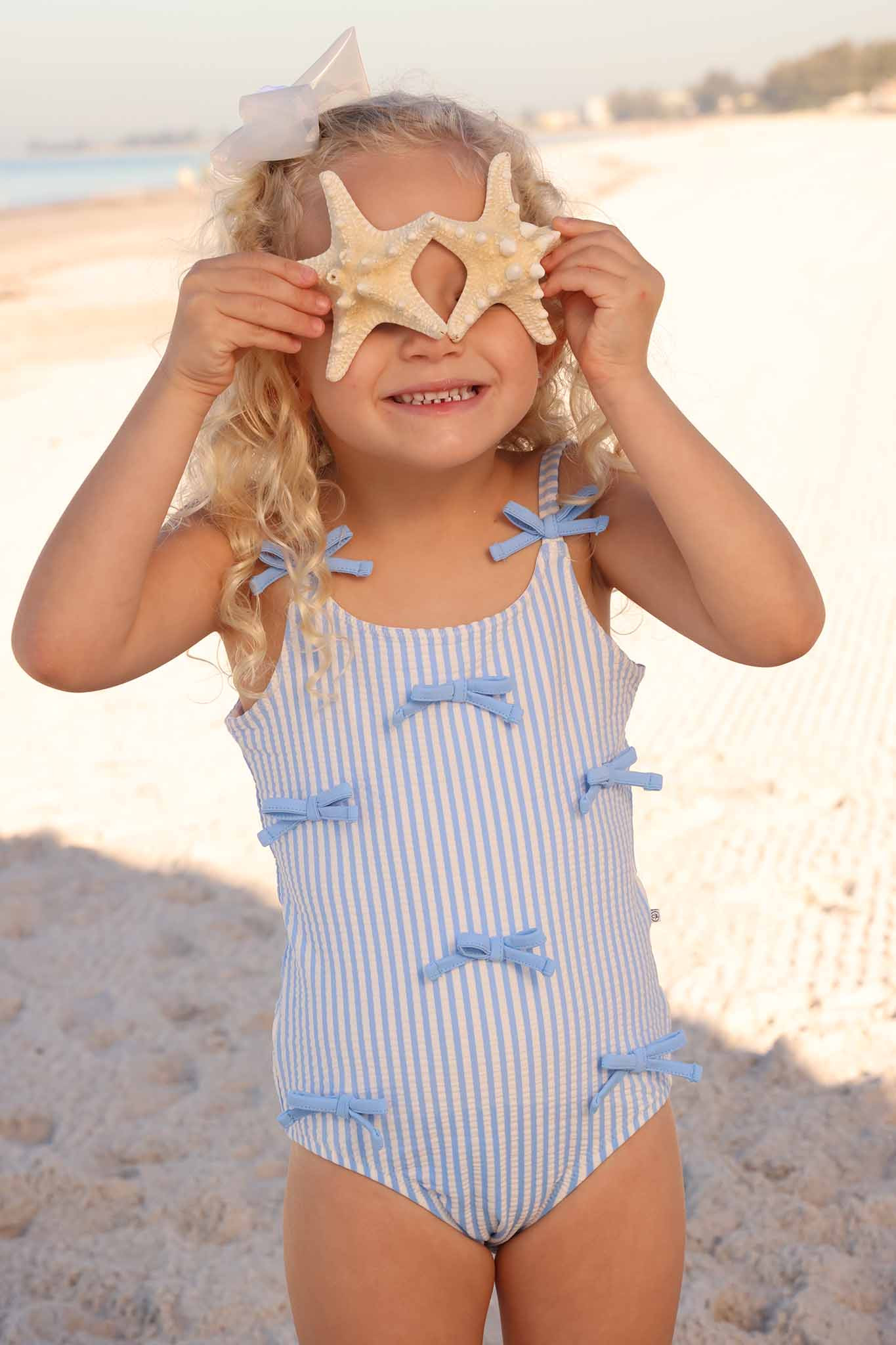 Tiny Bows One Piece | Seersucker Blue | Caden Lane
