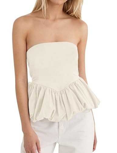 MISSACTIVER Peplum Tank Top for Women Casual Bandeau Tube Top Summer Flowy Strapless Going Out Shirts Blouses Apricot | Amazon (US)