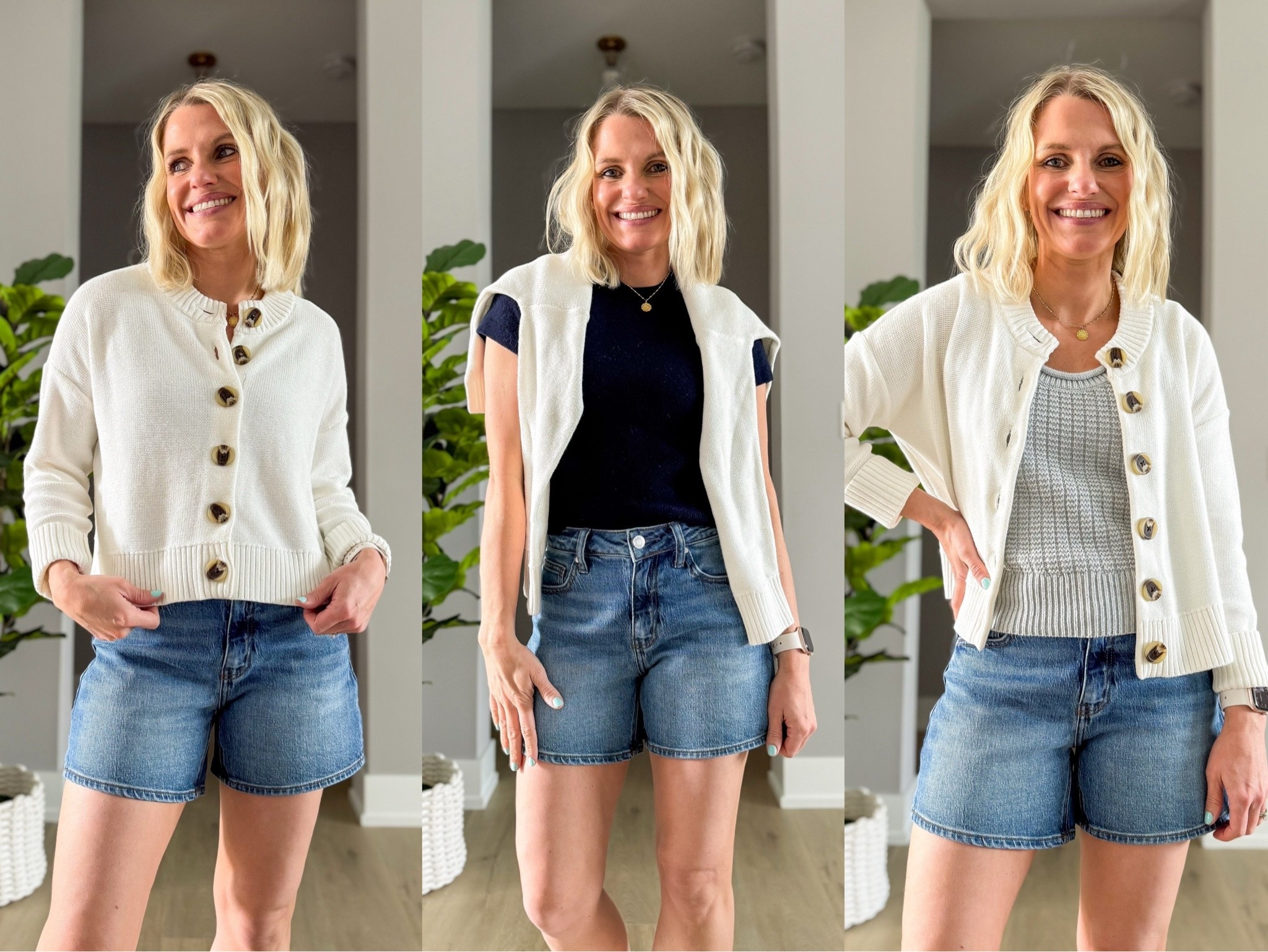 3 ways to wear a button down cropped cardigan! 
Cardigan-xs
Shortsleeve top- small
Textured gray tank- xs
Shorts-25

#LTKOver40 #LTKPetite #LTKootd