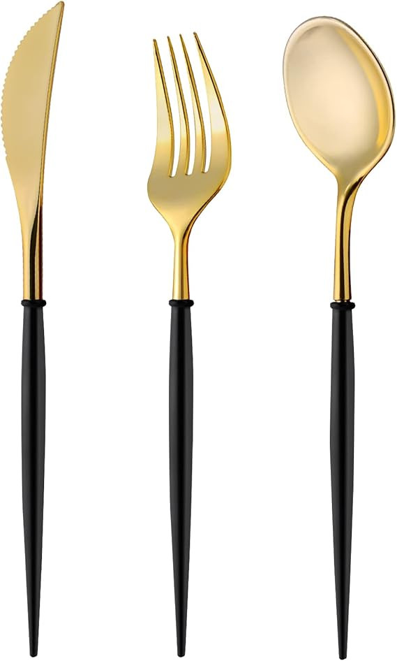 120Pcs Gold Plastic Silverware - Disposable Gold Plastic Cutlery with Black Handle, Durable Plast... | Amazon (US)