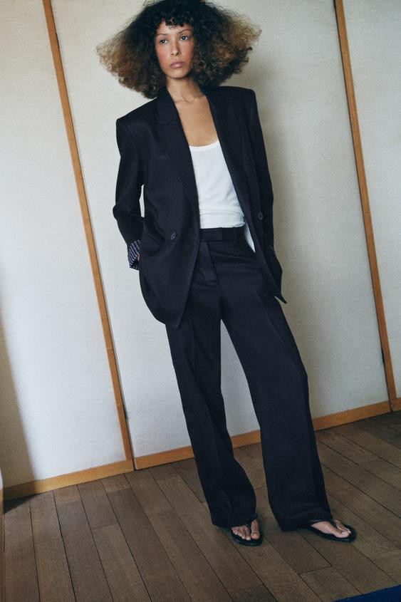 LINEN BLEND DOUBLE BREASTED BLAZER WITH ROLLED-UP SLEEVES | Zara US