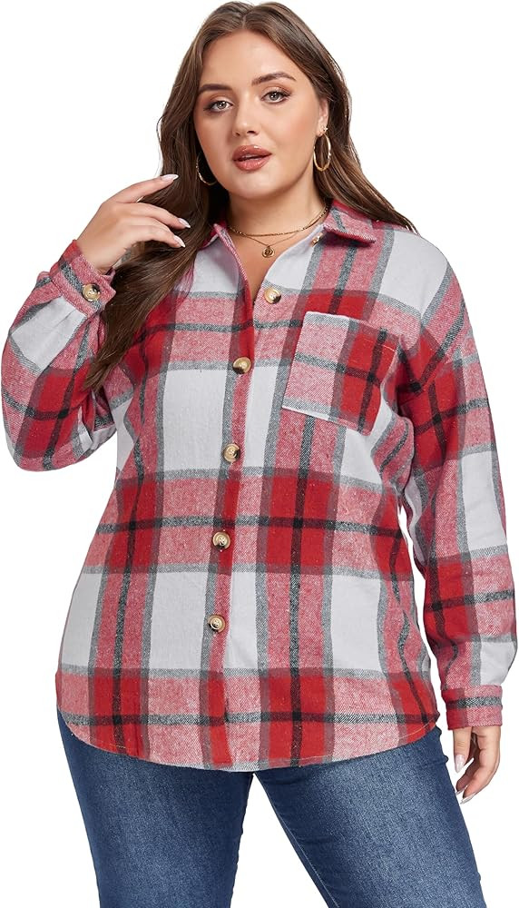 ForHailey Plus Size Plaid Shacket Jacket for Women Long Sleeve Button Down Blouses Flannel Shirts Casual Coats XL-5XL | Amazon (US)