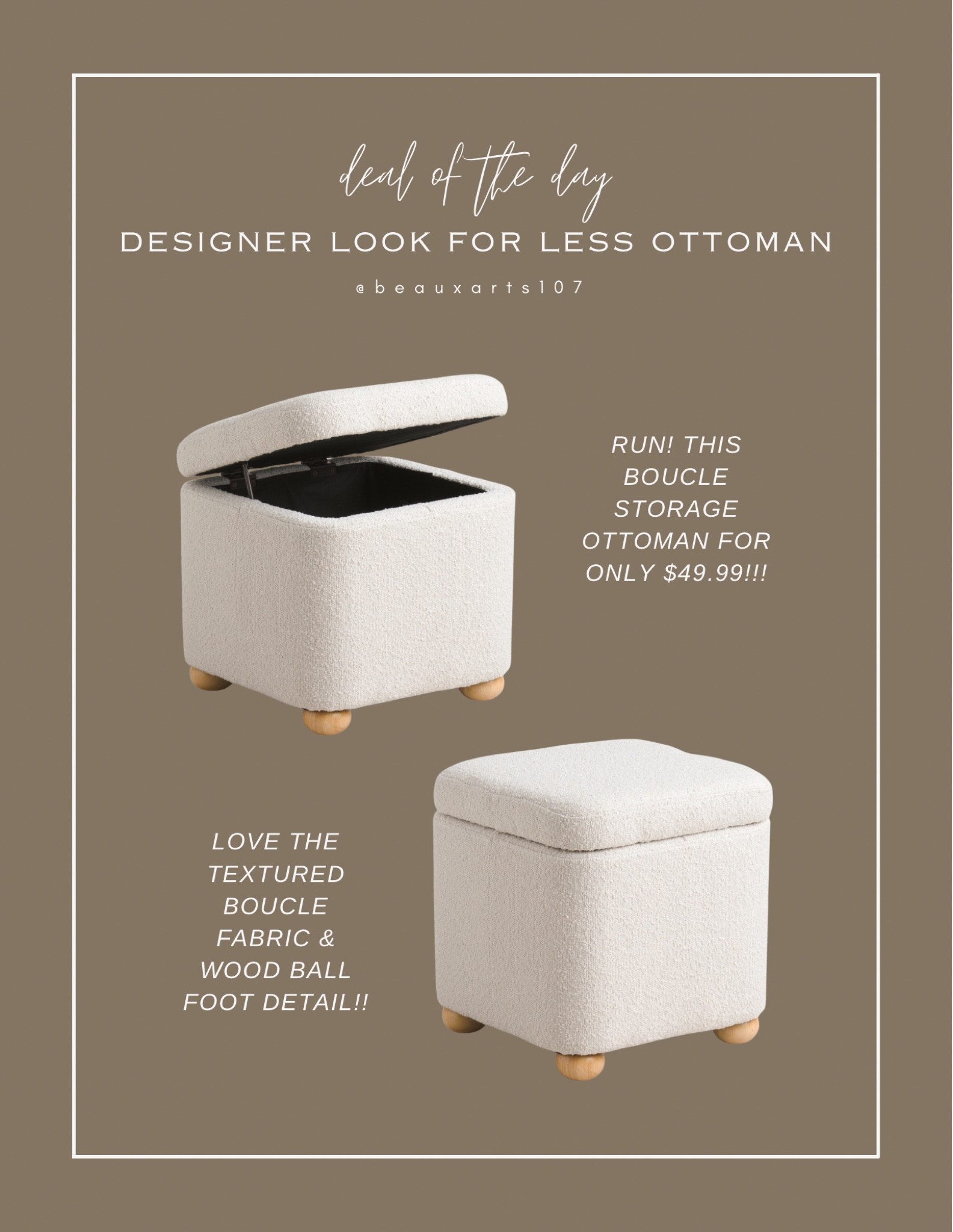 You’re not going to want to miss this incredible deal!!! The cutest boucle storage ottoman with ball food detail for under $50!

#LTKHome #LTKFindsUnder50 #LTKSaleAlert