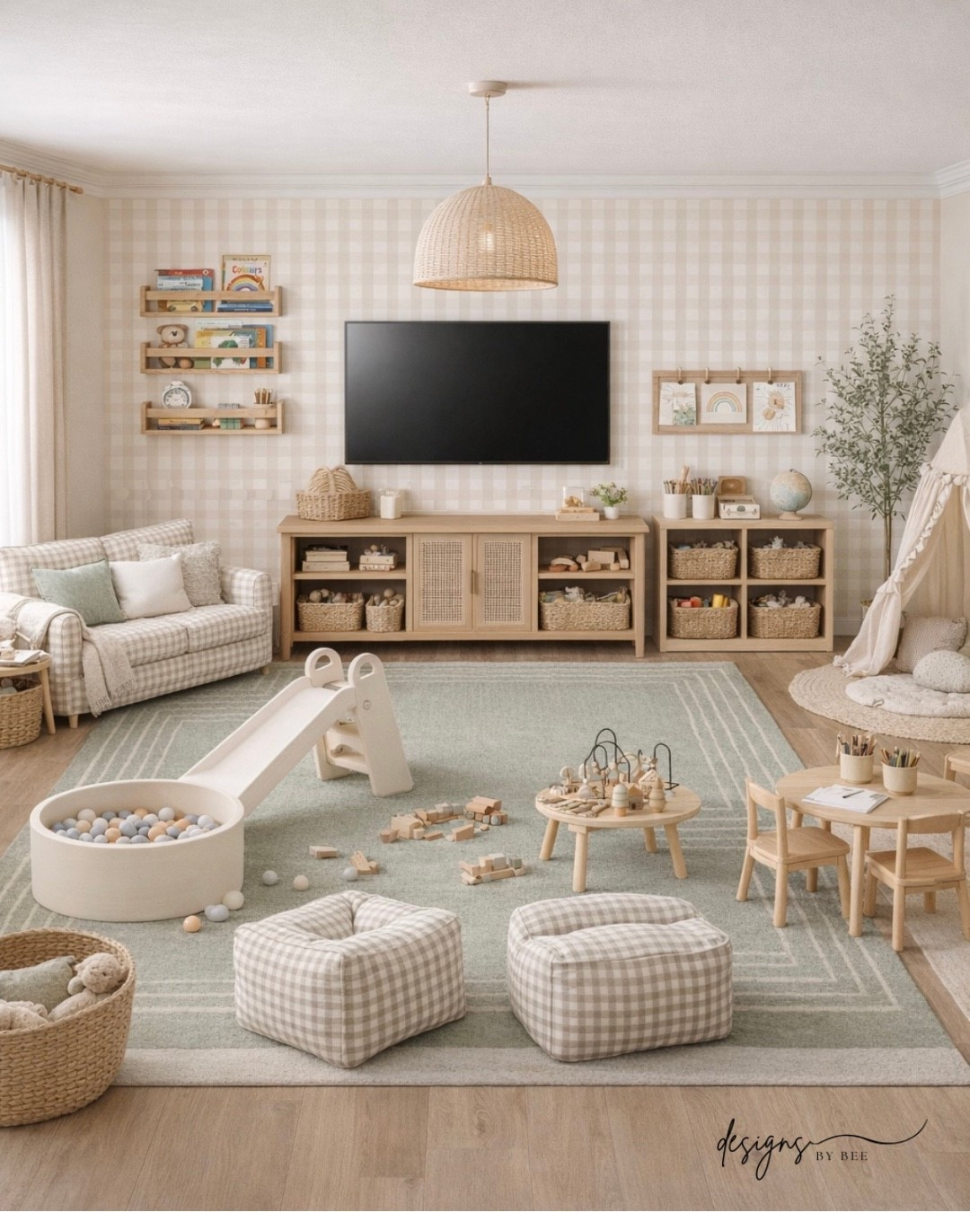 Playroom Decor, Kids Furniture, Floating Shelves, Kids Bookshelf, Montessori Playroom, Neutral Nursery, Toddler Playroom, Ball Pit, Kids Slide, Play Table, Activity Table, Bean Bag Chairs, Gingham Decor, Olive Tree, Media Console, Cane Furniture, Woven Basket, Sage Green Rug, Patterned Rug, Kids Interior Design, Toddler Activities, Playroom Inspiration 

 #LTKHome #LTKBaby #LTKKids