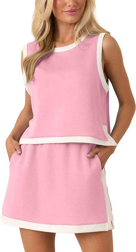 Womens 2 Piece Skirt Set Summer Color Block Sleeveless Crop Top Elastic Waist Skirt Lounge Set Ou... | Amazon (US)
