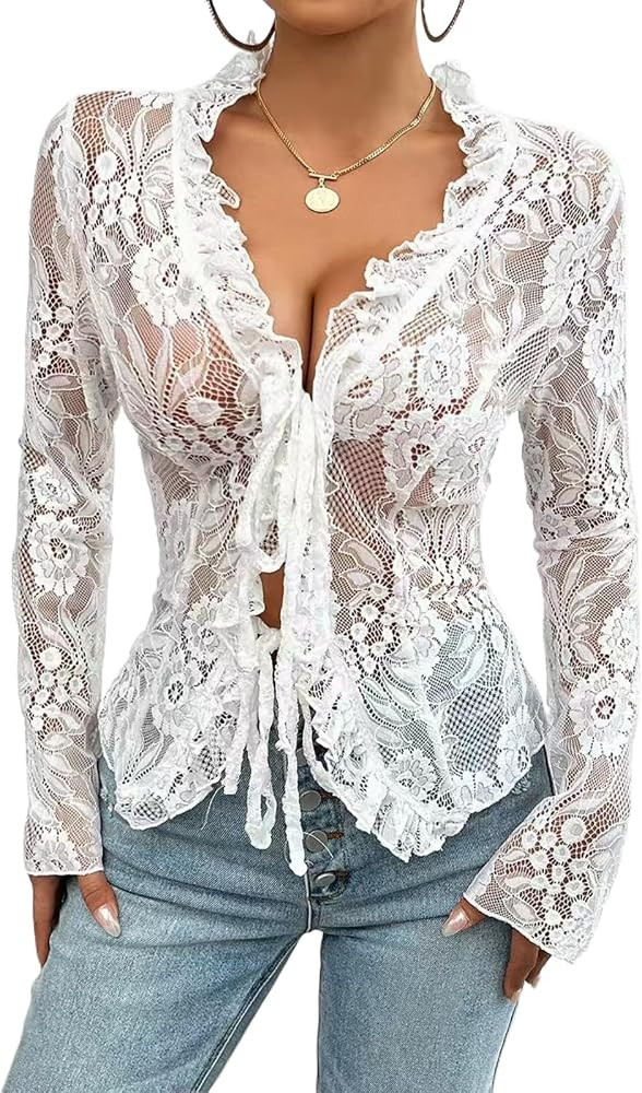 Women's V Neck Lace Sheer Top Sexy Mesh See Through Shirts Open Front Tie Long Sleeve Blouses Y2k... | Amazon (US)
