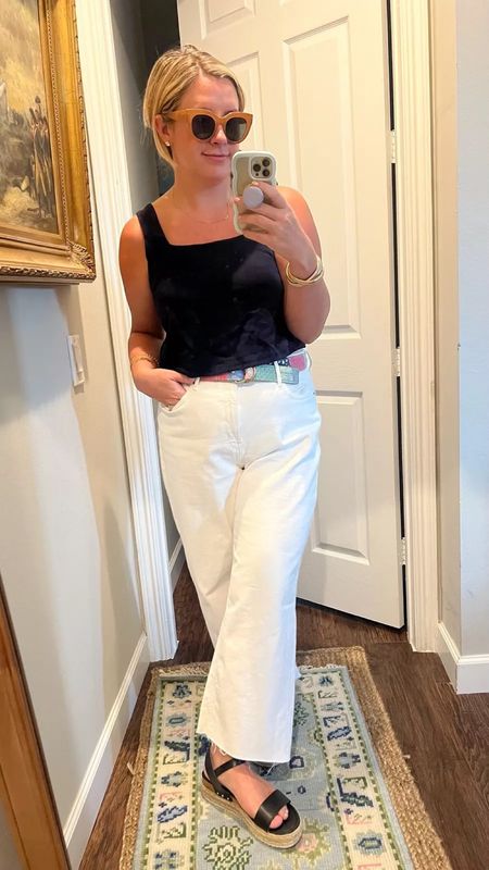 These jeans are sold out but similar jeans are linked! Coastal casual outfit white jeans, black bodysuit outfit ideas, Grandmillennial outfit, coastal casual outfit for dinner, black and white causal outfit.

#LTKstyletip #LTKmidsize #LTKunder100
