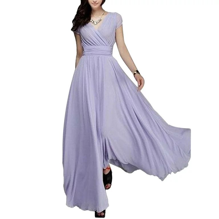YDxl Bohemian Women Solid Color Short Sleeve V Neck Tight Waist Maxi Evening Dress Light Purple | Walmart (US)