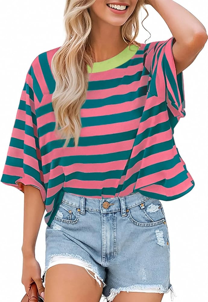 UEU Womens Summer Striped Tops Crewneck Crop T Shirts Color Block Short Sleeve Casual Loose Basic... | Amazon (US)