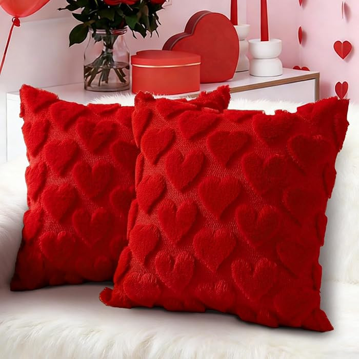 Valentines Day Decorations Pillow Covers - 18x18 inch Set of 2 Heart Shaped Pattern Faux Fur Soft... | Amazon (US)
