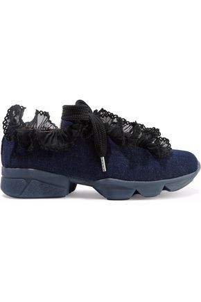 Ganni Woman Ariana Ruffled Lace-trimmed Denim Sneakers Dark Denim Size 37 | The Outnet Global