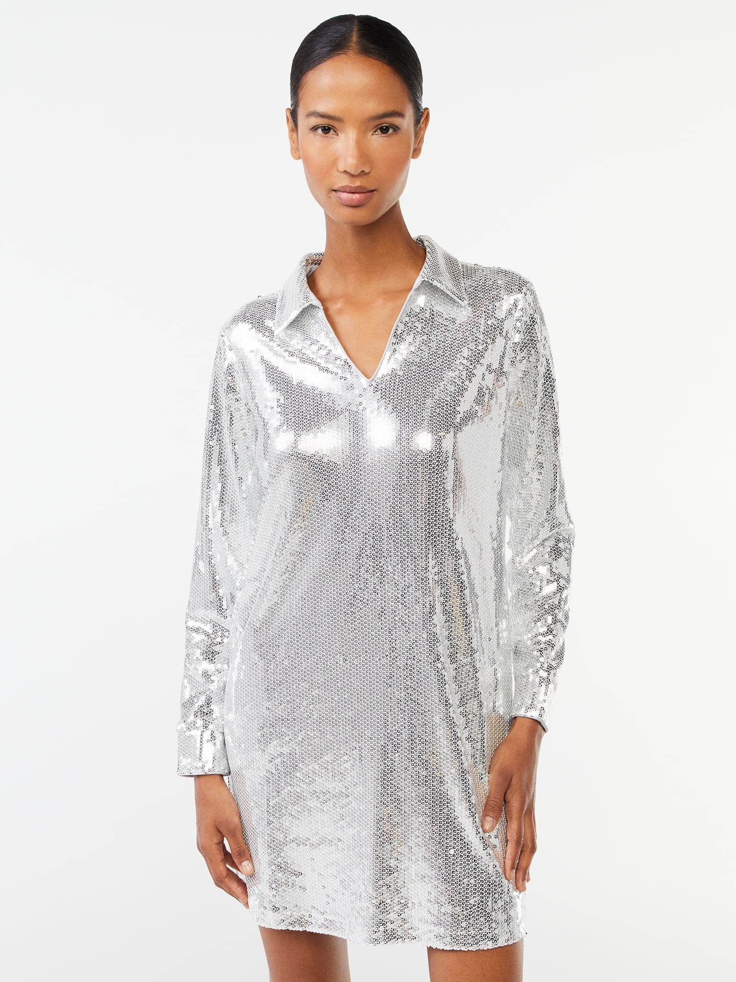 Scoop Women's Relaxed Sequin Shirt Dress with Long Sleeves - Walmart.com | Walmart (US)