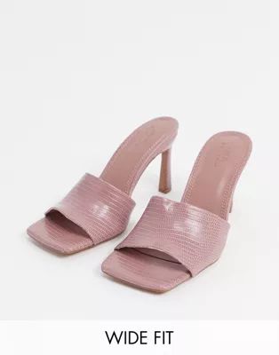 ASOS DESIGN Wide Fit Hattie mid-heeled mule sandals in blush lizard | ASOS (Global)