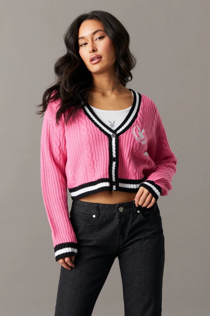 Playboy Bunny Embroidered Varsity Knit Crop Cardigan | Urban Planet