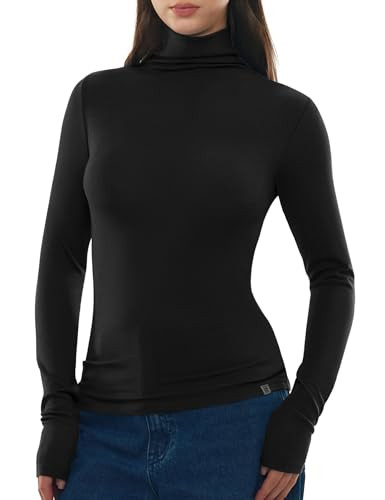 Women's Turtleneck Long Sleeve Merino Wool Blend Shirts Fitted Going Out Tops Basic Tees Cozy Emb... | Amazon (US)