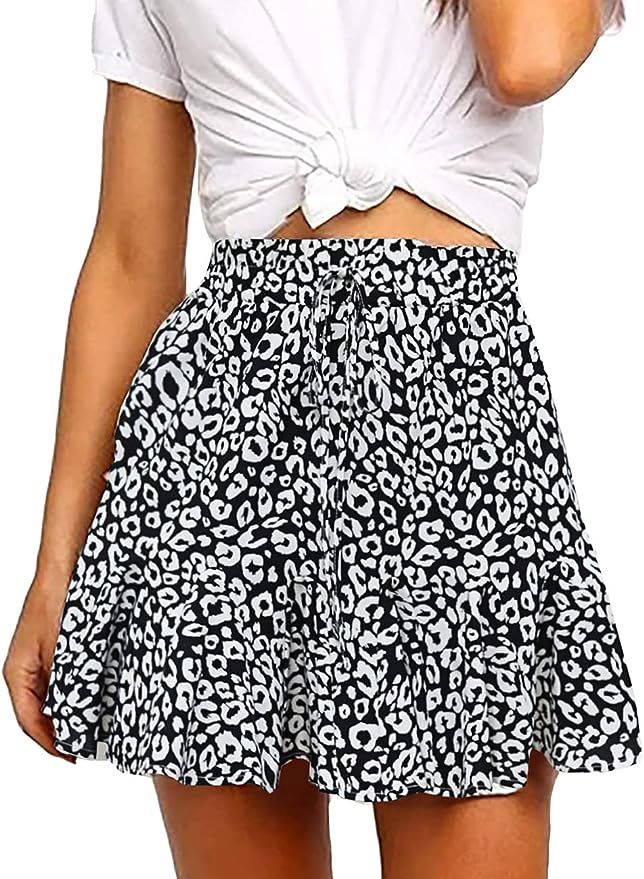 PRETTYGARDEN Women's Vintage Floral Mini Skirt Summer Pleated Ruffle Elastic Waist A-Line Flared ... | Amazon (US)