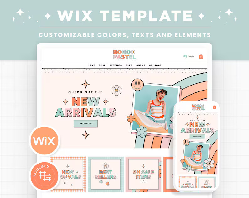 Wix Template in Boho Pastel Rainbow Groovy Cute Wix Website Theme, Editable Canva Customizable Sh... | Etsy (US)
