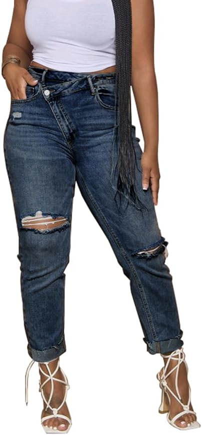 HTD Women's Boyfriend Jeans Ripped Skinny Jeans Distressed Stretchy Denim Pants | Amazon (US)