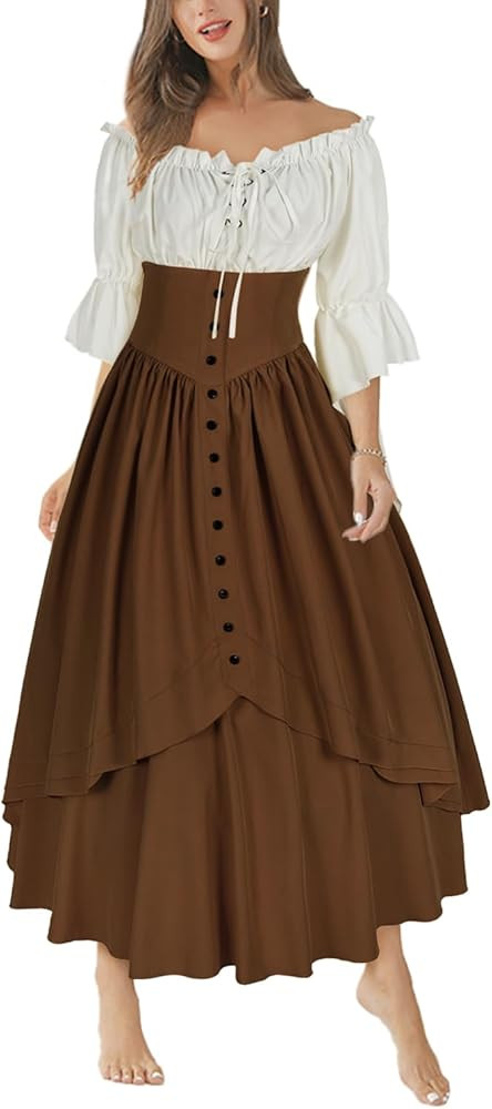 Women Renaissance Skirt 2 Pcs Set Vintage Button Skirt with Off Shoulder Shirt | Amazon (US)