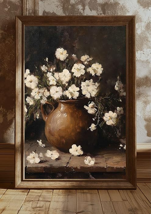 Vintage white floral canvas wall art country farmhouse plant and flower poster print gallery home... | Amazon (US)