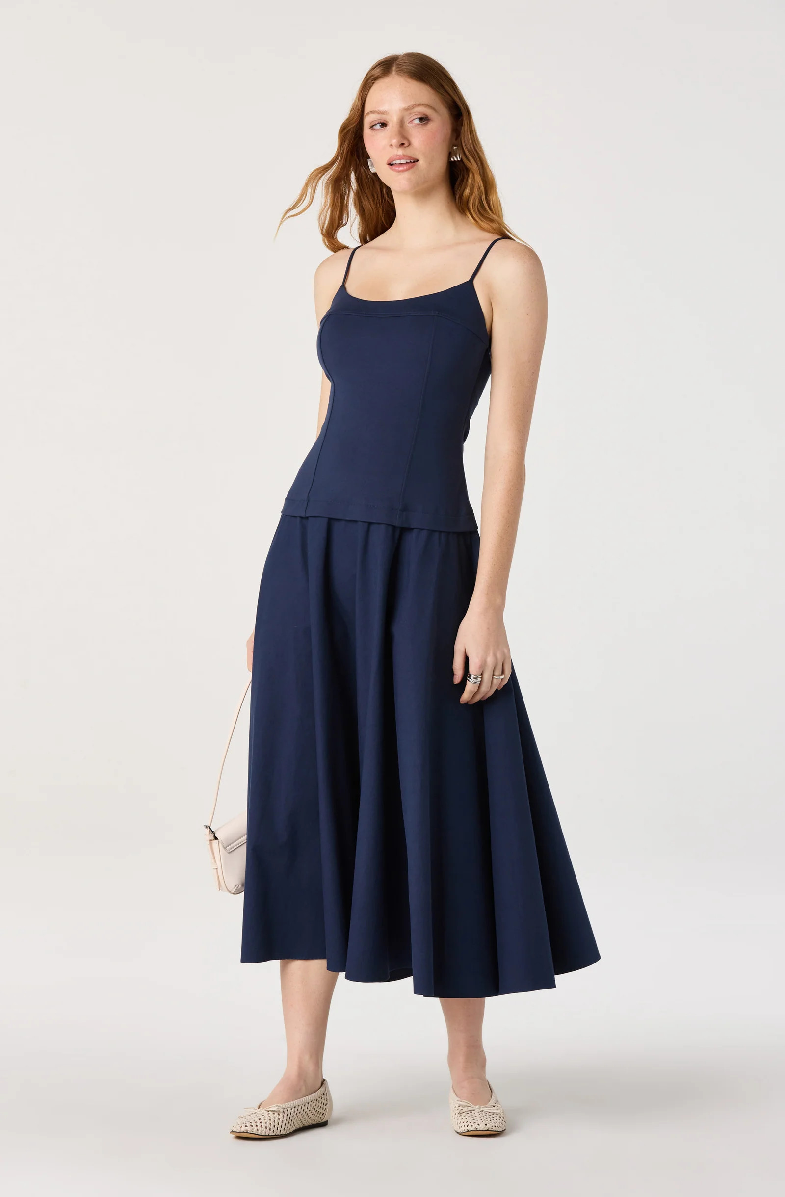 Cierra Mixed Media Drop Waist Midi Dress - Navy / S | ASTR The Label (US)