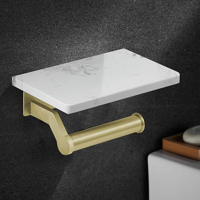 Hoimpro Brushed Gold Aluminum Toilet Paper Holder with White Natural Marble Shelf, Wall Mounted T... | Amazon (US)