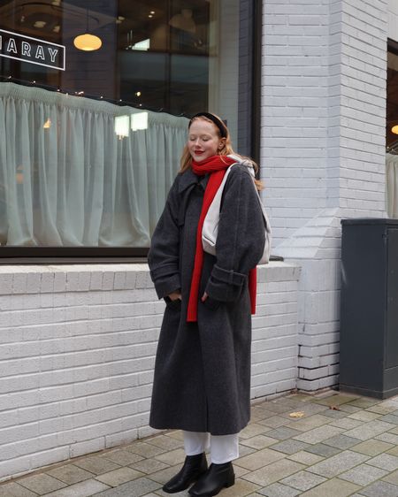 grey coat, red scarf, red lip, white bag, white jeans, black boots, winter outfit, christmas outfit.

#LTKfindsunder100 #LTKSeasonal #LTKHoliday