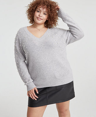 Charter Club Plus Size Cashmere Bead-Embellished V-Neck Sweater, Created for Macy's - Macy's | Macy's