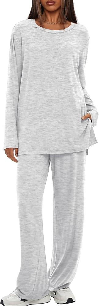 Darong Women's 2 Piece Lounge Set Casual Long Sleeve Crew Neck Tops Wide Leg Pants Travel Airport... | Amazon (US)