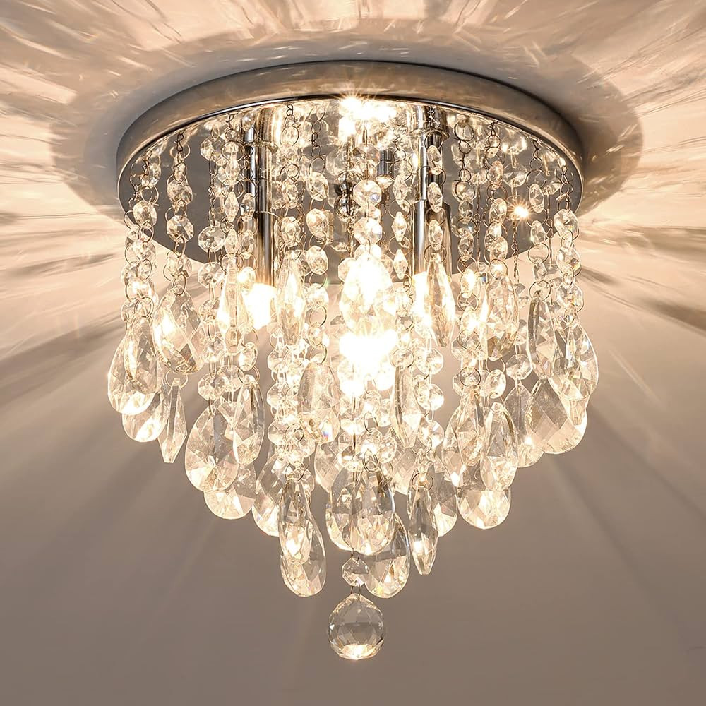 NSRCE Mini Crystal Chandelier, Modern 3-Light Flush Mount Ceiling Light Fixture Chrome Finish, Sm... | Amazon (US)