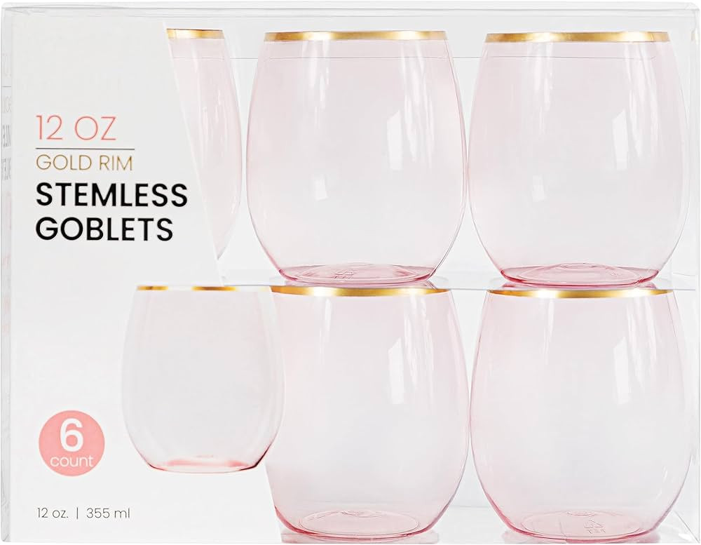 PLASTICPRO 6 Pack Pink With Gold Rim Plastic Wine Glasses Stemless Disposable 12 oz BPA Free Shat... | Amazon (US)