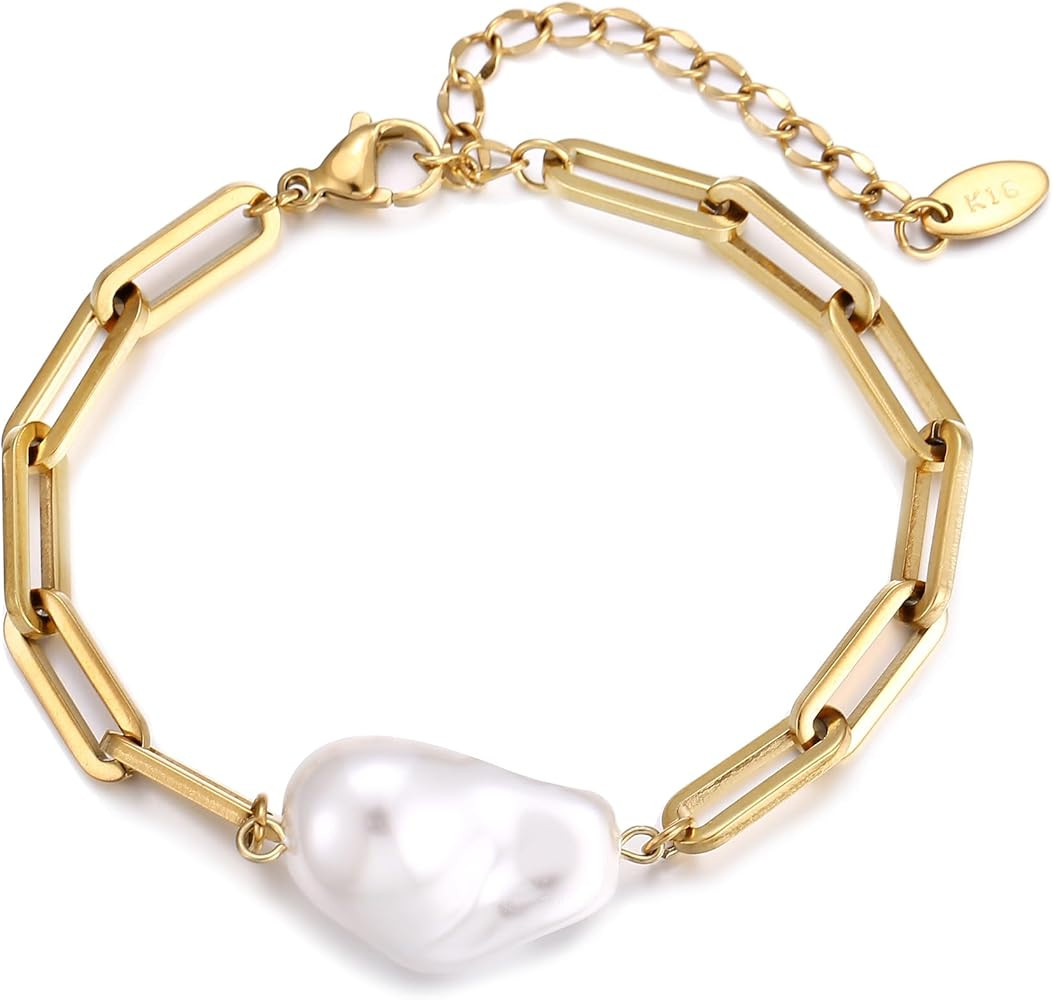 Gold Pearl Bracelets for Women Big Baroque Pearl Stack Bracelets for Wedding Festival Party Jewel... | Amazon (US)
