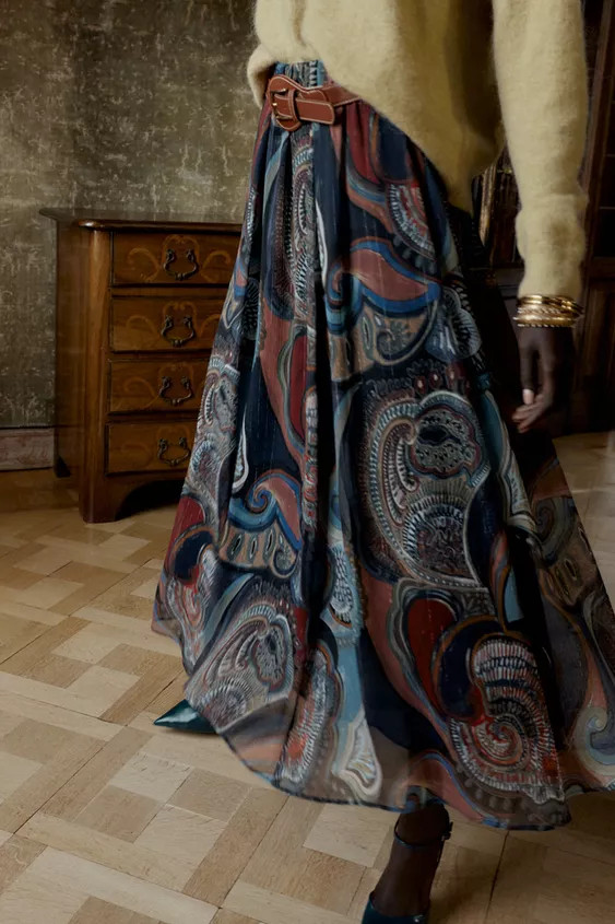 METALLIC THREAD PRINTED MIDI SKIRT WITH BELT | Zara US