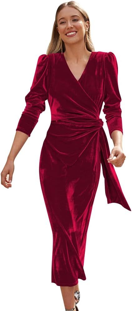 OBEEII Women's V Neck Wrap Velvet Dress Long Sleeve Elegant Ruched Bodycon Cocktail Party Fall We... | Amazon (US)