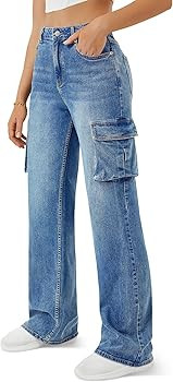 Women High Waisted Cargo Jean for Women with 6 Pockets Straight Wide Leg Jean Casual Baggy Pants | Amazon (US)